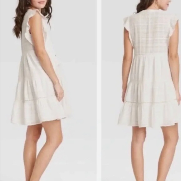 NWT KNOX ROSE WHITE SHORT FLUTTER SLEEVE TIERED BOHO PEASANT SHIFT DRESS - Picture 8 of 8